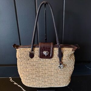 Brighton Straw Woven Tote Brown Leather Heart Charm Bag